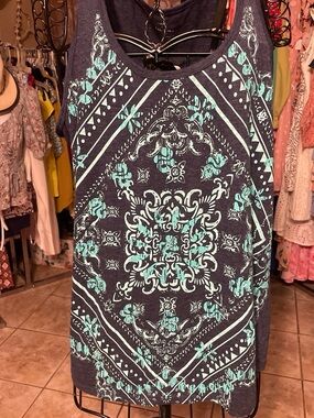 Women's Navy Tank Top with Teal Floral Medallion Print